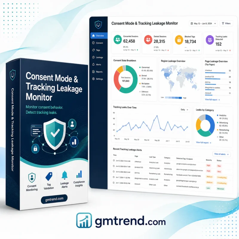 Consent Mode & Tracking Leakage Monitor dashboard — Run controlled browser scenarios before and after consent choices and identify selected tags or storage activity that appears…