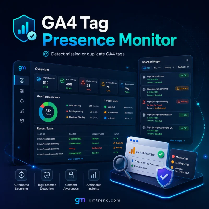 GA4 Tag Presence Monitor dashboard — Inspect selected pages and consent states for an authorised GA4 configuration identifier and record missing or duplicate tag…